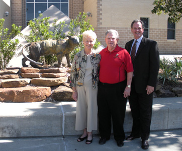 Donors Mary Virginia and Claud Jacobs, pictured with UHV President Tim Hudson, right, will match up to $50,000 in donations
