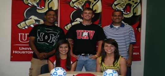 UHV soccer signees are seated, Stacie Garcia and Courtney Day; and standing, Mark Rojas, Seth Prochaska and Stiven Ospina.